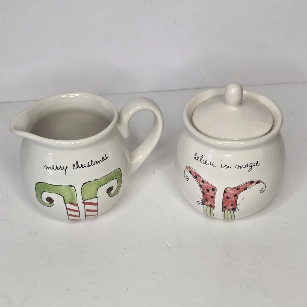Rae Dunn Elf Feet Cream‎ And Sugar Set Christmas Kitchen Holiday Coffee Bar HTF